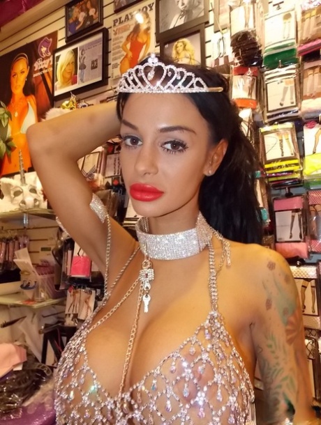 Tattooed Pornstar Angelina Valentine Exposes Her Big Tits In A Sex Shop