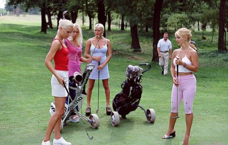 Stunning blonde babes with hot bosoms enjoy anal sex on a golf course