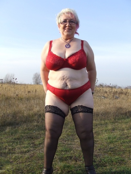 Wild Granny With Huge Saggy Tits Silke Poses In Lingerie & Masturbates Outside
