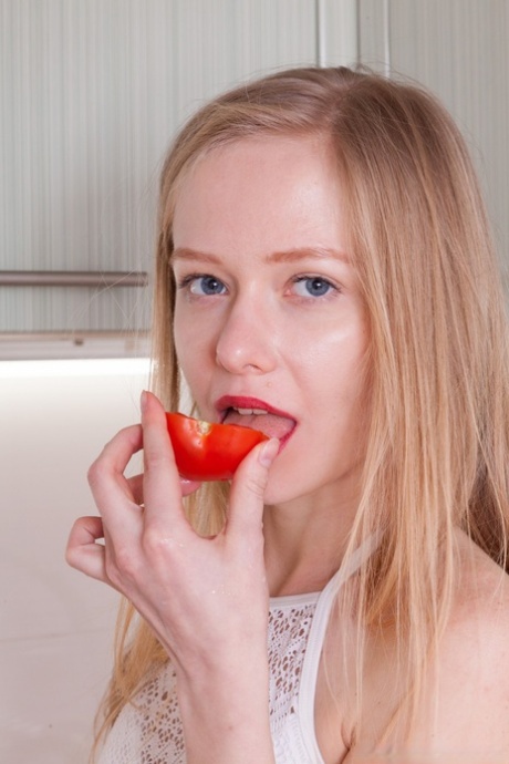 Adorable Teen With Red Lipstick Alexandra Rubs Her Bushy Twat In The Kitchen