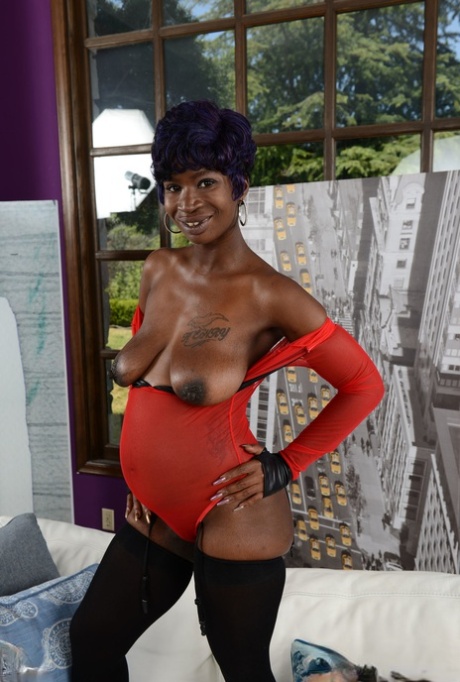 Pregnant Ebony In Nylons Tiana Grey Unveils Her Hanging Tits & Her Hairy Pussy