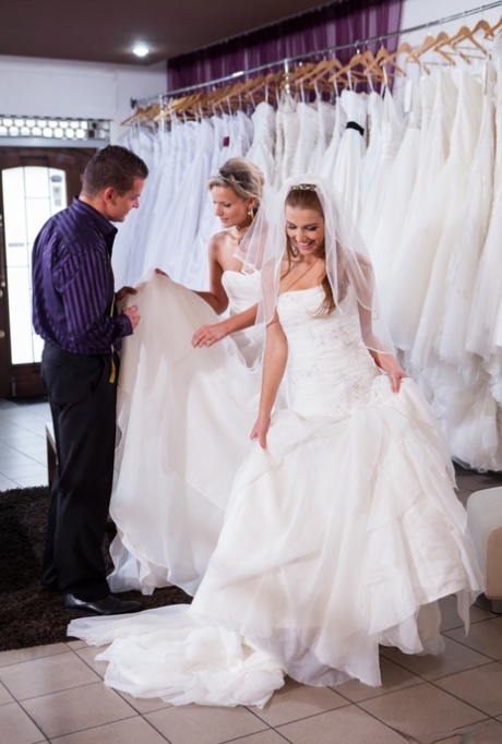 Brides Alexis Crystal & Samantha Jolie share a cock in a wedding dress salon