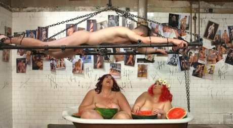 Melons are ingested in a tub by obese females, and then their male subs consume their own twats.