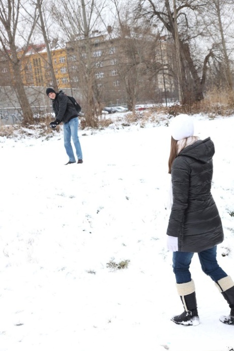 Busty teen girlfriend Jenny N enjoys post snowball fight bedroom bang