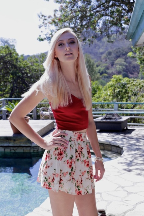 Pale blonde teen Alexa Grace flaunts tanned petite ass outdoors & spreads lips