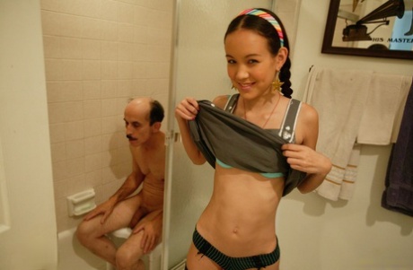 Petite Asian Amai Liu Humping An Older Man With A Long Weiner In The Bathroom
