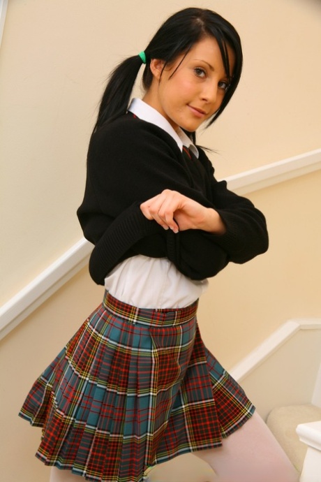 Hot Schoolgirl Chloe Toy Posing Topless On The Stairs In White Pantyhose