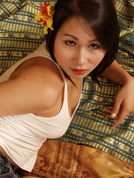 Sonya, an attractive Asian woman with big tattered legs, uses her booty short for shemale cock close-ups.