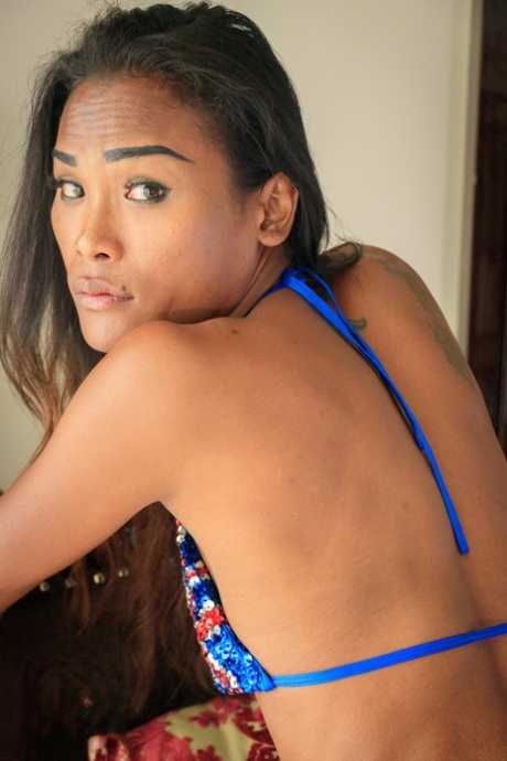 Skinny Asian Shemale Jina Pulls Aside Bikini For Sexy Solo Stroking