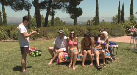 Annie Cruz, Lylith LaVey & Audrey are the pornstars in action during a picnic.