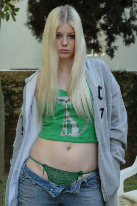 Pale Blonde Teen Peels Her Green Threads Outdoors To Reveal Firm Tits & Finger