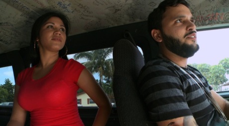 A lucky person picks up and drives over Busty Latina babe Angelina in the car.