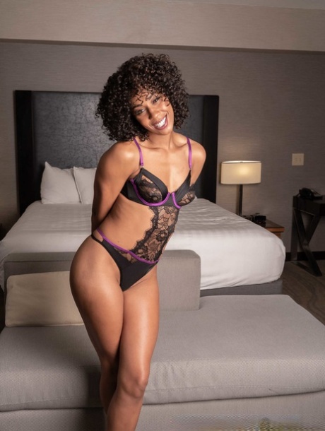 Attractive Curly Haired Ebony Misty Stone Strips And Teases With Her Big Ass