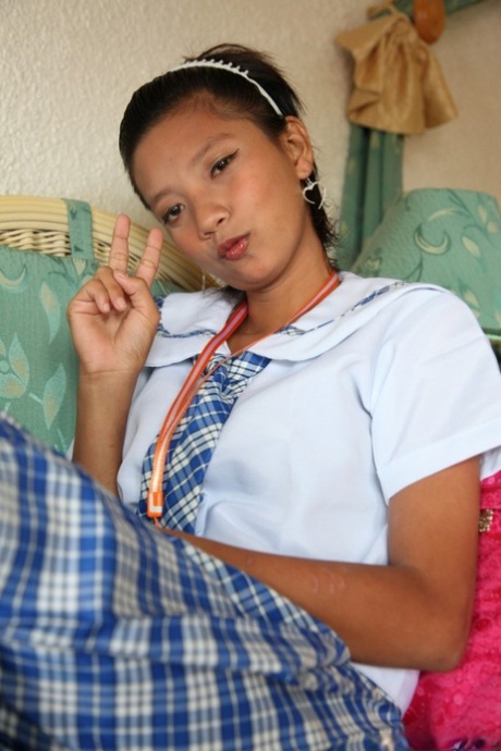 Petite Filipina Schoolgirl Sally In Uniform Flashes Panty Upskirt & Teen Pussy