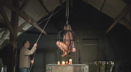 The little BDSM lover in Cathy Heaven's cage is covered with hot wax.