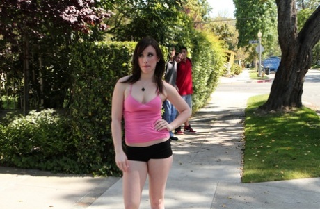 College hottie Jennifer White teasing boys on the street with her curvy body