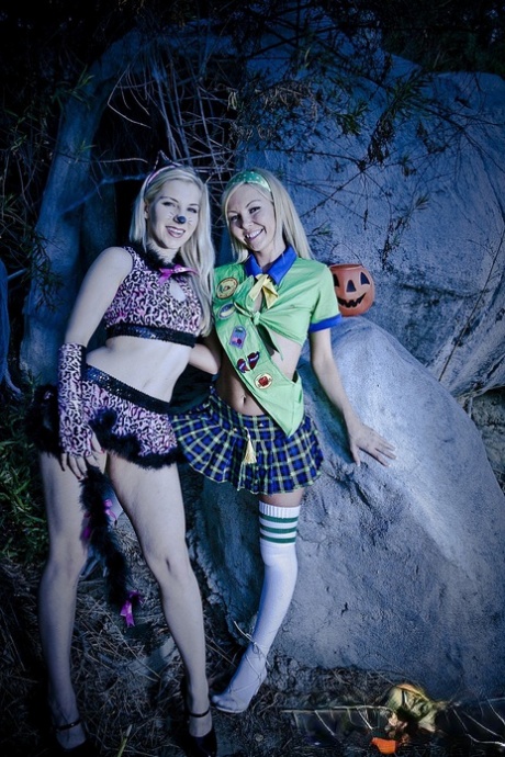 Naughty blonde chicks Aaliyah Love and Ashley Fires celebrating Halloween