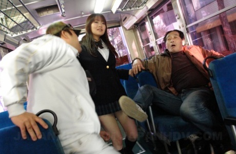 A group of cocks causes Yayoi Yoshino, an Asian schoolgirl, to be gangbanged while on the bus.