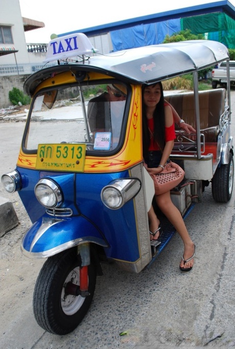 Lovely Asian teen in sexy jean shorts gets picked up on the street