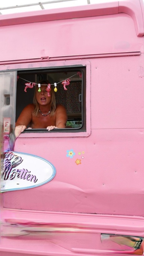 The stumbling German MILF is filled with a pink ice cream van and her hole is filled with chocolate.