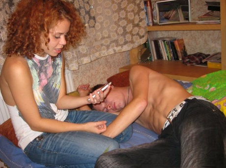Curly Haired Teen Gets Boned And Jizzed In Front Of Her Handcuffed Cuckold