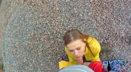 The teenager, Emma, undergoes a POV doggystyle sexual act at the construction site while gogging.