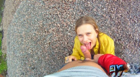 Teen Emma gobbles cock & gets a POV doggystyle fuck at a construction site
