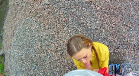 Teen Emma gobbles cock & gets a POV doggystyle fuck at a construction site