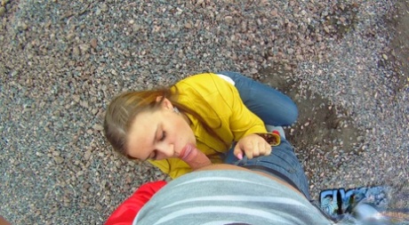Teen Emma gobbles cock & gets a POV doggystyle fuck at a construction site