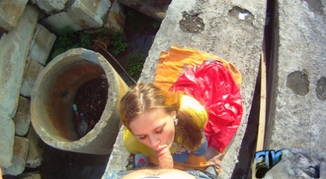 Teen Emma gobbles cock & gets a POV doggystyle fuck at a construction site