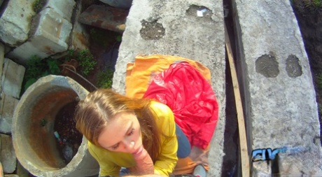 Teen Emma gobbles cock & gets a POV doggystyle fuck at a construction site