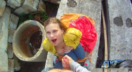 Teen Emma gobbles cock & gets a POV doggystyle fuck at a construction site