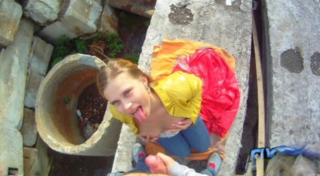 Teen Emma gobbles cock & gets a POV doggystyle fuck at a construction site