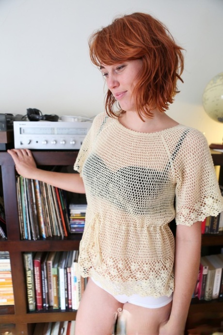 Pale redhead Molly Broad strips by the bookcase to flaunt her hairy muff #2