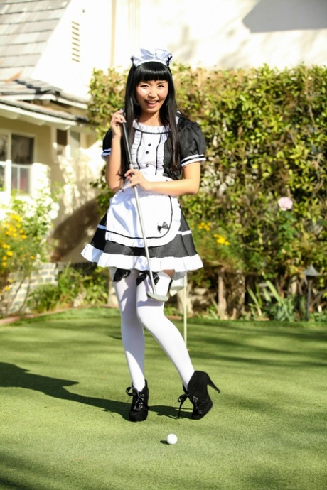 Expound: Asian maid Marica Hase shows off her tasty muff outside in uniform.