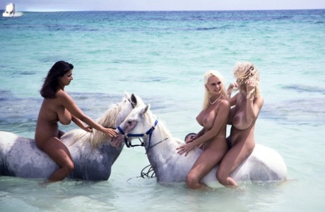 Three Nude Bombshells With Great Breasts Have Fun On The Beautiful Beach