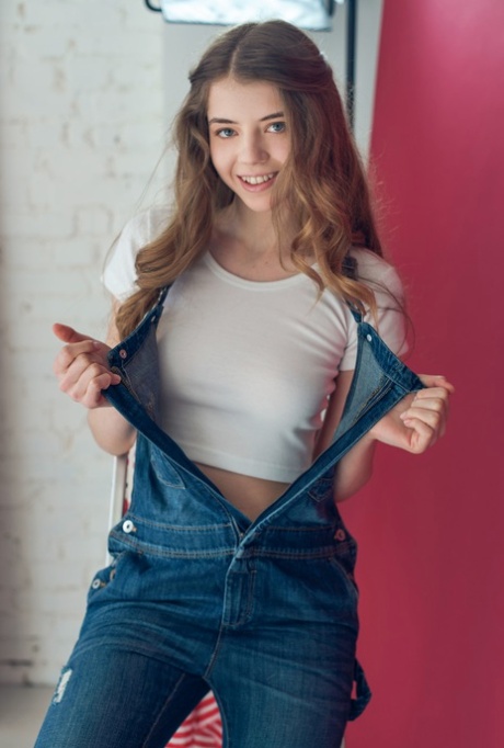 Adorable Teen Kay J Strips Her Suspenders & Panties To Spread Her Pussy