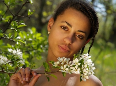 Beautiful Ebony Teen Alice Y Picks Flowers And Poses Naked In Nature