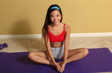 Petite Asian Girl Vina Skyy Stretches & Strips Before Toying Herself On A Mat