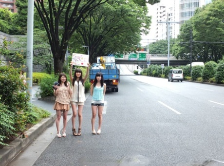 Three Japanese teens jump into a van and suck a tiny Asian dick
