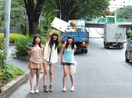 Three Japanese teens jump into a van and suck a tiny Asian dick