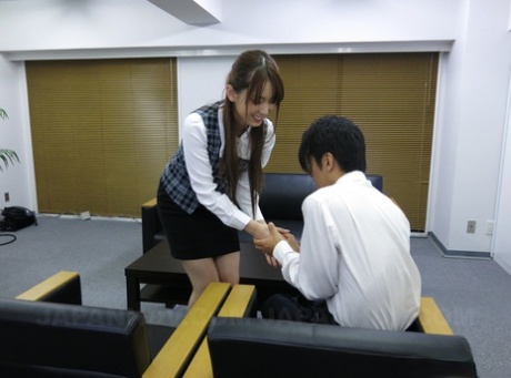 Yui Hatano, an unsavory Asian female employee, was observed sniffing her partner's genital area.