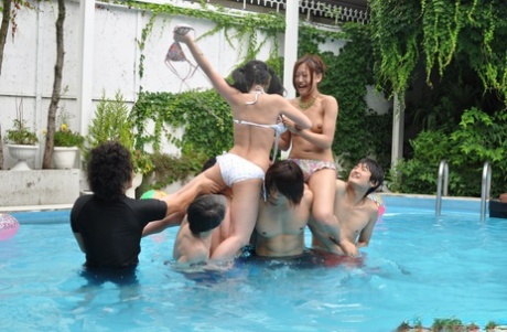 Cute Asian Girls With Small Tits & Adorable Butts Get Fingered At A Pool Party