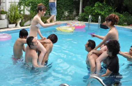 Cute Asian Girls With Small Tits & Adorable Butts Get Fingered At A Pool Party