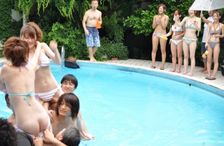 Cute Asian Girls With Small Tits & Adorable Butts Get Fingered At A Pool Party