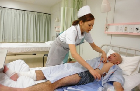 During sex, Mio Kuraki from Japan performs oral sex on a vulnerable elderly patient.