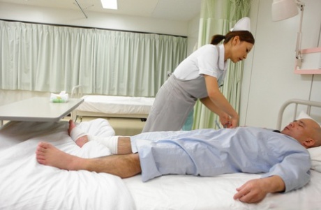 The elderly patient, who is experiencing sexual intoxication or pain, is given oral sedation by Japanese nurse Mio Kuraki.