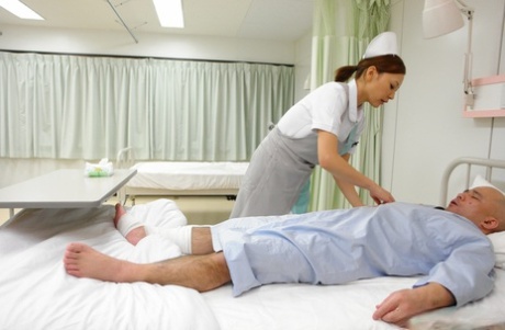 A horny elderly patient is given oral sex by Japanese nurse Mio Kuraki.