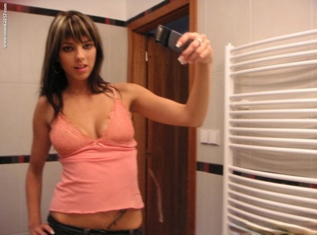 Mellie Swan, a hot girlfriend, captures her natural breasts in front of the mirror through selfies.