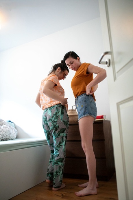 Disrespectful nerdy lesbians Mary J and Lucia M swapping braces and panties.